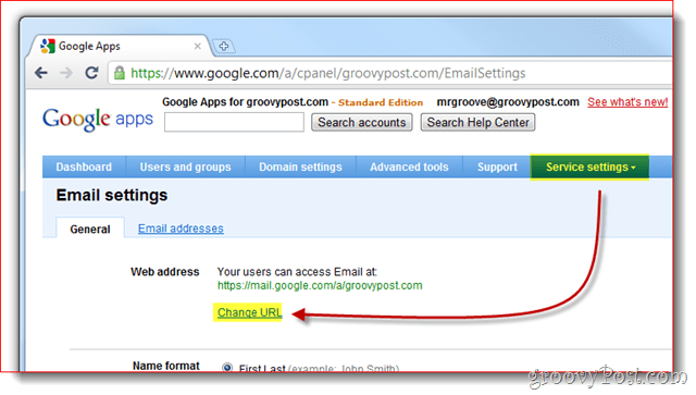 ustawienia usługi aplikacji Google Apps zmieniają adres URL