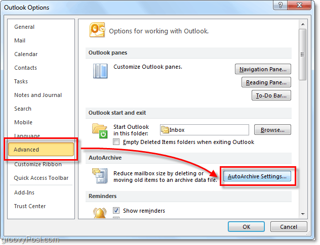 Zaawansowane> Ustawienia autoarchiwizacji w programie Outlook 2010