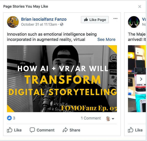 Facebook zaleca umieszczanie „Historii stron, które mogą Ci się spodobać” między postami w Twoim kanale aktualności.