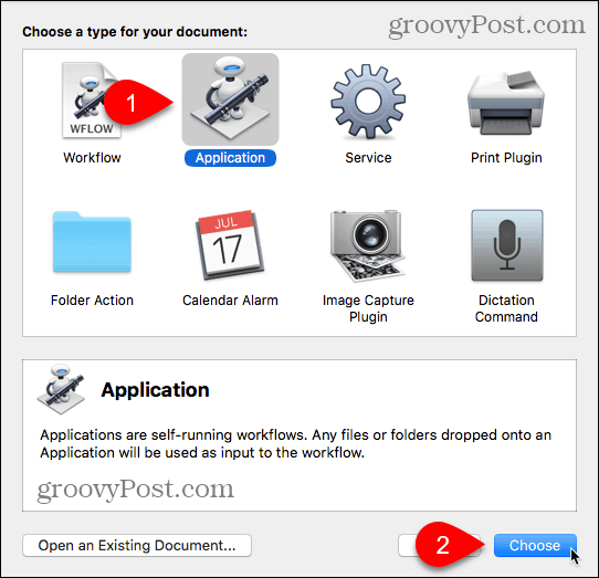 Wybierz typ aplikacji w Automatorze dla komputerów Mac