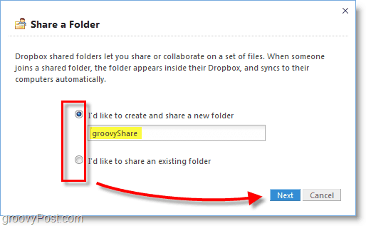 Zrzut ekranu Dropbox - utwórz nowy folder udostępniania Dropbox