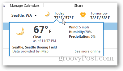 Przewodnik po pogodzie w kalendarzu programu Outlook 2013 — szczegóły dotyczące wyskakującego okienka na dziś