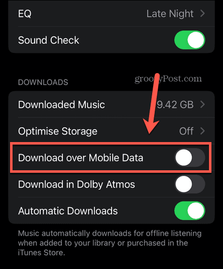 wyłączona mobilna transmisja danych Apple Music