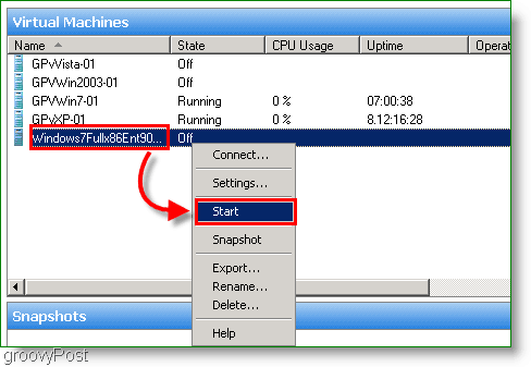 menu kontekstowe maszyn wirtualnych do oceny systemu Windows 7