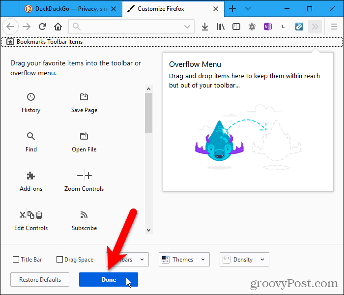 Kliknij przycisk Gotowe na karcie Dostosuj Firefox