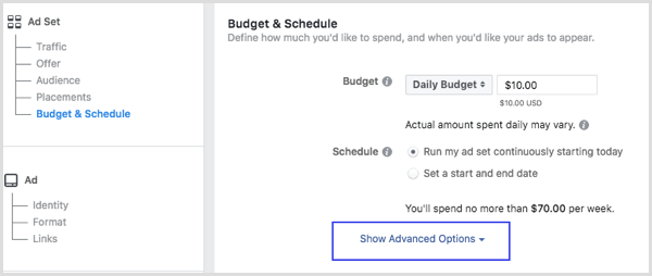 Kliknij opcję Pokaż opcje zaawansowane w sekcji Budżet i harmonogram podczas konfigurowania reklamy na Facebooku.