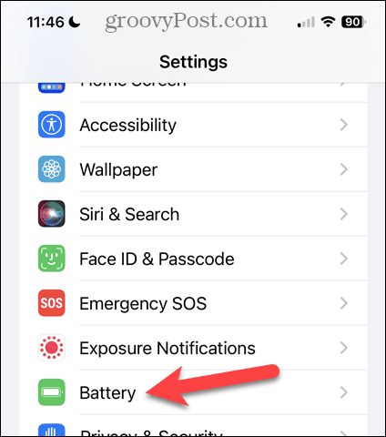Stuknij opcję Bateria na ekranie ustawień iPhone'a