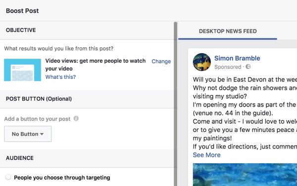 Facebook ułatwia utworzenie ulepszonego postu, prowadząc Cię przez opcje.