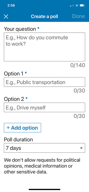 przykład linkedin utwórz menu ankiety z opcją dodania pytania, określ opcję 1 i 2 oraz dodaj dodatkowe opcje wraz z ustawieniem czasu trwania ankiety