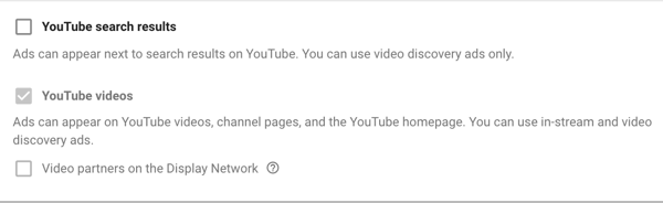 Jak skonfigurować kampanię reklamową YouTube, krok 11, ustaw opcje wyświetlania w sieci