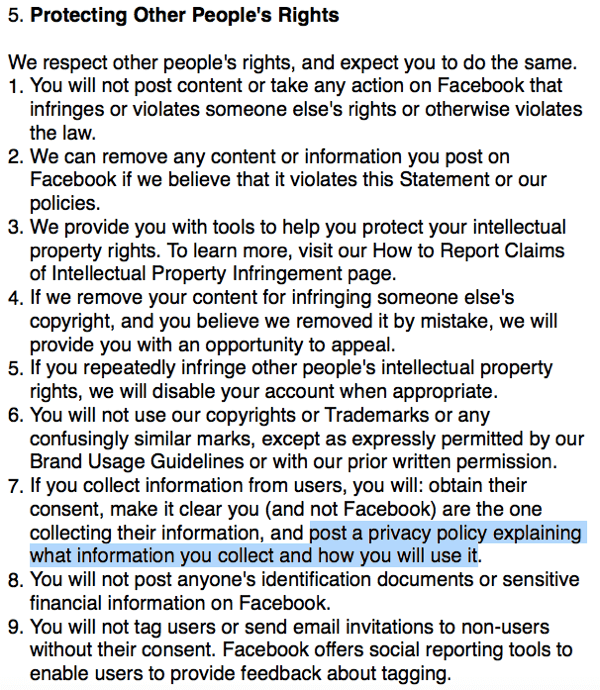 Warunki Facebooka określające wymagania dotyczące polityki prywatności.