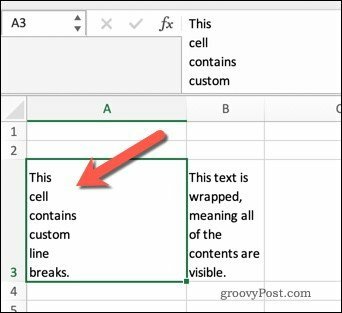 Zawijanie tekstu w programie Excel za pomocą podziałów wierszy.