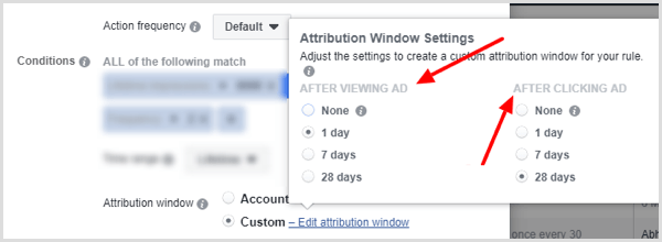 Opcje ustawień okna atrybucji podczas konfigurowania warunku dla reguły Facebooka