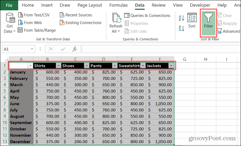 Włącz filtry w programie Excel