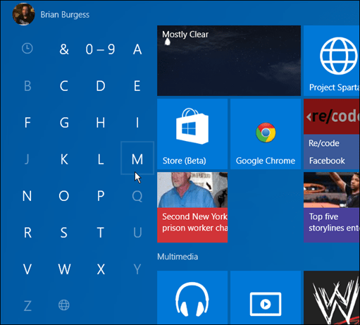 aplikacje od pierwszej litery Windows 10 Start