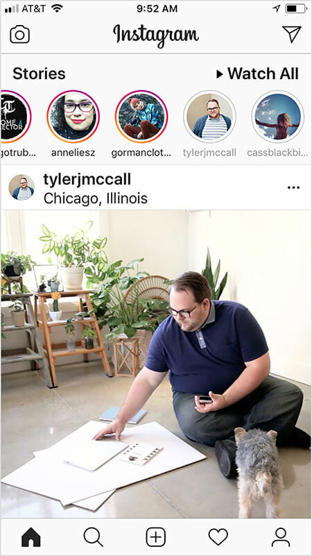 Tyler J. McCall zauważył, że algorytm Instagrama wydaje się pokazywać więcej treści konta w kanale, jeśli oglądasz historię na Instagramie na koncie lub wchodzisz z nią w interakcję i odwrotnie. Na ekranie głównym Instagrama użytkownika jest wyświetlany post Tylera po obejrzeniu przez użytkownika jego historii. Obraz na Instagramie pokazuje Tylera siedzącego na podłodze z dużymi kartkami białego papieru i notatnikiem. Na Tylera stoi mały czarny podpalany piesek. W tle jest dużo zielonych roślin na drabinach.
