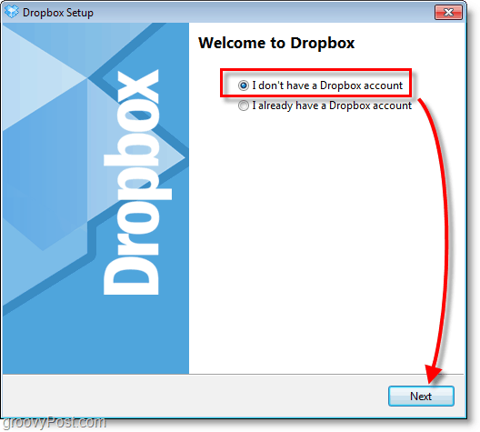 Zrzut ekranu Dropbox - wybierz, aby utworzyć nowe konto