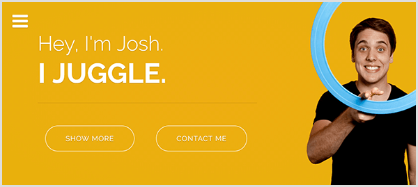Witryna Josha Hortona poświęcona żonglerce ma żółte tło, zdjęcie Josha uśmiechniętego i kręcącego jasnoniebieskim pierścieniem do żonglowania wokół palca wskazującego oraz biały tekst z napisem „Hej, jestem Josh”. Żongluję.