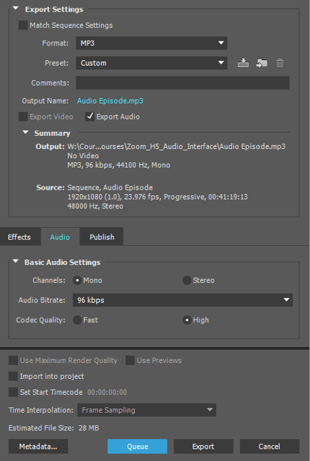 Wyeksportuj dźwięk jako plik MP3 w programie Adobe Premiere.