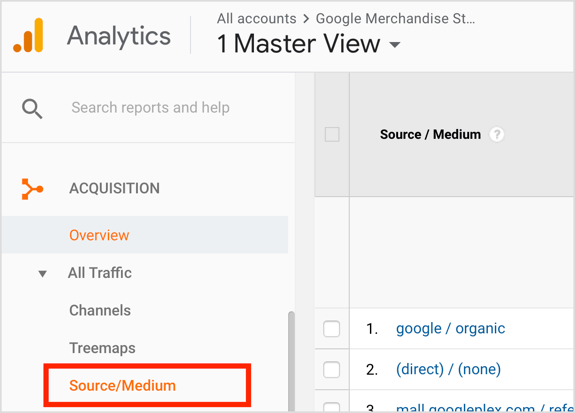 Otwórz Google Analytics i przejdź do Pozyskiwanie> Cały ruch> Źródło / Medium.