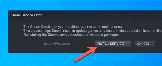Błąd usługi Steam, opcja ponownej instalacji usługi