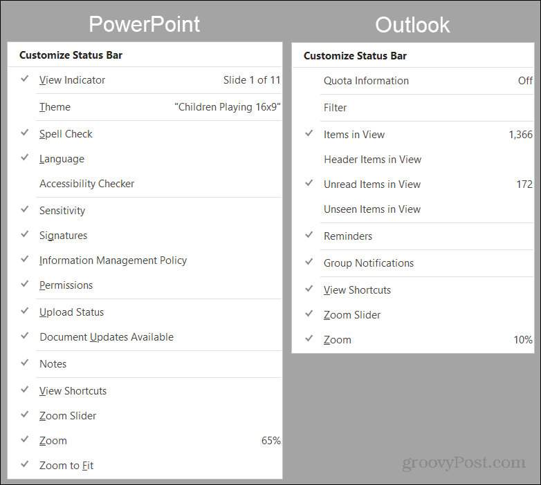 Opcje paska stanu programów PowerPoint i Outlook