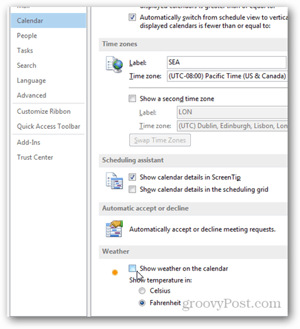 Outlook 2013 - Wyłącz pogodę w kalendarzu - Odznacz pole Pokaż pogodę w kalendarzu