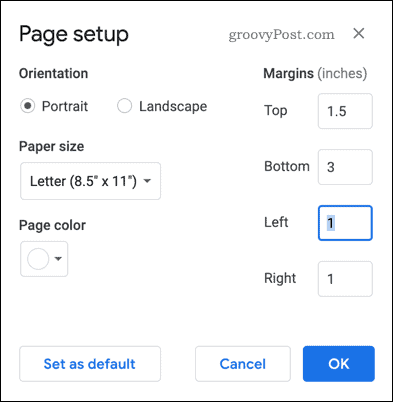 Ustawienia strony w Dokumentach Google