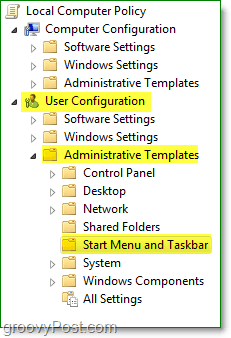 w oknie lokalnych zasad grupy systemu Windows 7 przejdź do konfiguracji użytkownika, szablonów administracyjnych, a następnie menu Start i paska zadań