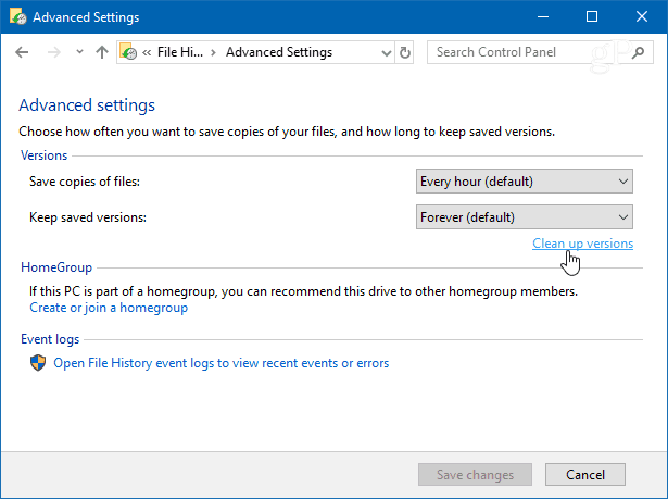 Wyczyść wersje Historia plików systemu Windows 10