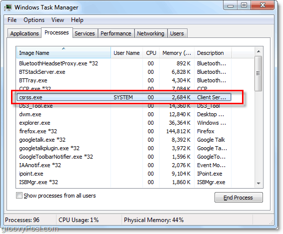 csrss.exe, jak widać w menedżerze zadań Windows 7