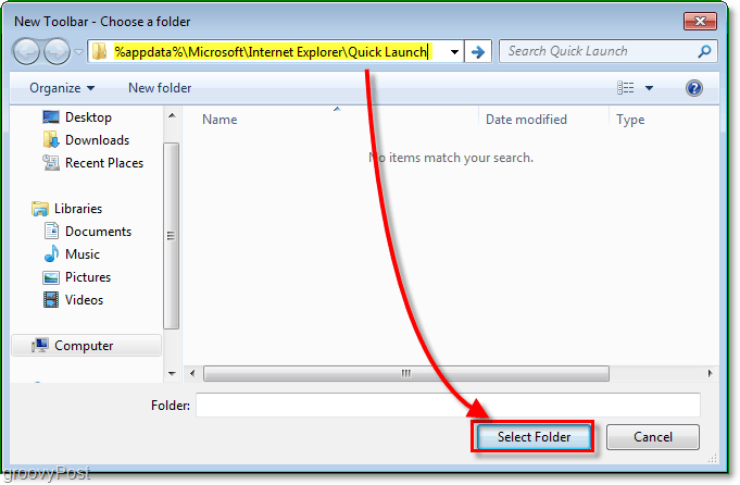 okno szybkiego uruchamiania nowego paska narzędzi, wprowadź adres% appdata% MicrosoftInternet Explorer Szybki start, aby przejść do odpowiedniego folderu