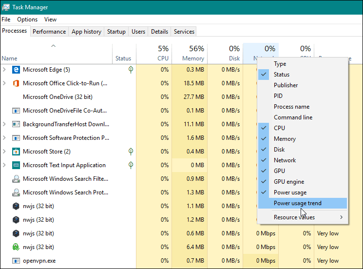 Dodaj kolumnę Monitora zasilania Windows 10 1809