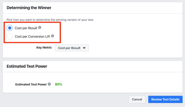 Określanie sekcji Zwycięzca testu A / B dla eksperymentów na Facebooku