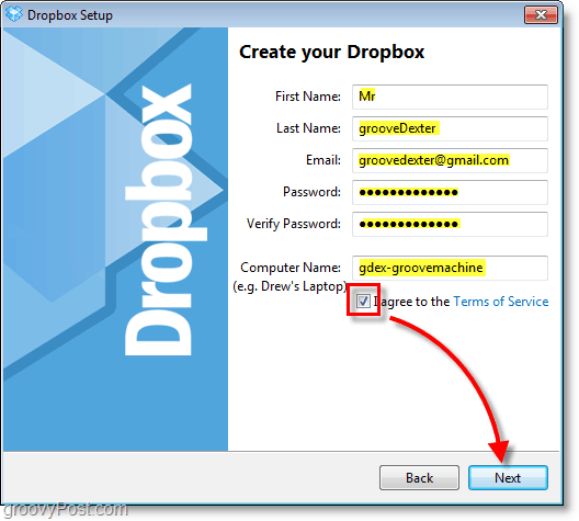 Zrzut ekranu Dropbox - wprowadź informacje o koncie