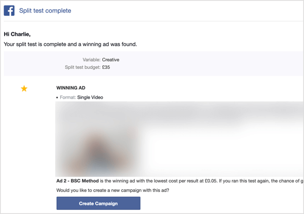 Otrzymasz wiadomość e-mail po zakończeniu testu podziału na Facebooku.