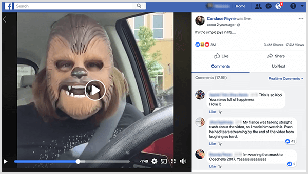 Candace Payne pojawiła się na Facebooku w masce Chewbacca z parkingu Kohla. W czasie wykonywania tego zrzutu ekranu jej film miał 3,4 miliona udostępnień i 174 miliony wyświetleń.