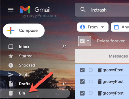 Otwieranie folderu Kosz (Bin) w Gmailu