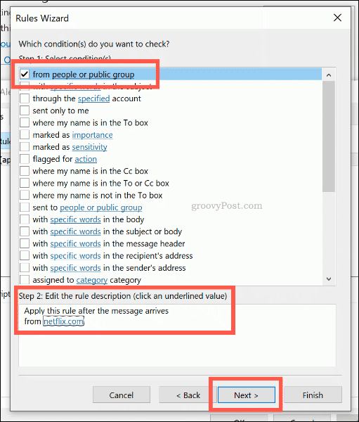 Wybieranie kryteriów wyszukiwania dla nowej reguły Outlooka