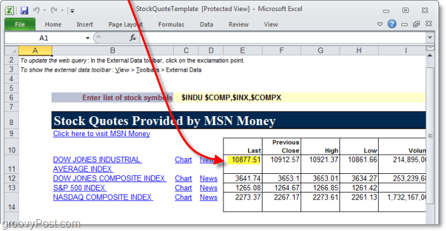 użyj danych internetowych w programie Excel 2010 do śledzenia cen akcji