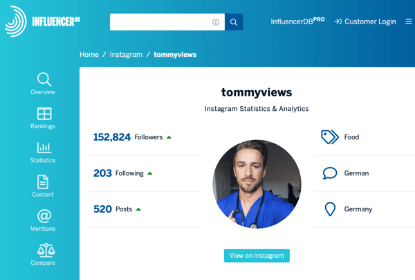 Jak rekrutować płatnych influencerów społecznościowych, przykład profilu InfluencerDB dla tommyviews