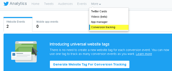 Twitter umożliwia dodawanie kodu do witryny w celu śledzenia konwersji i tworzenia dostosowanych odbiorców.