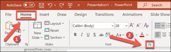 Dostęp do menu opcji czcionek w programie PowerPoint w systemie Windows