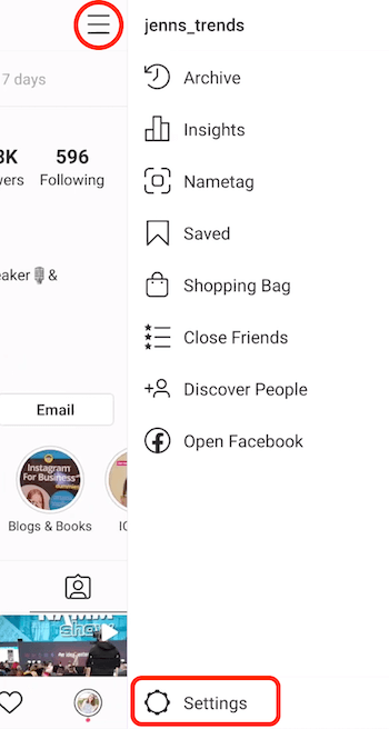 Wysuwane menu profilu biznesowego na Instagramie z opcją Ustawienia
