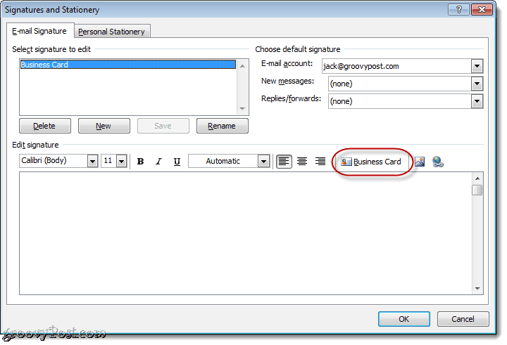 Dołącz wizytówkę w podpisie wiadomości e-mail w programie Outlook 2010