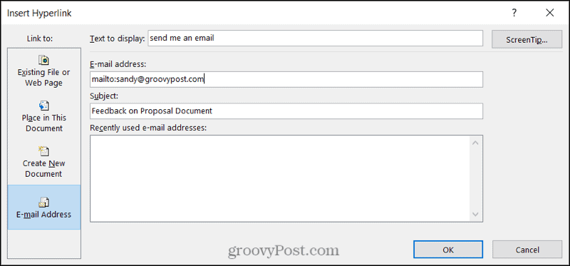 Łącze do wiadomości e-mail w programie Word w systemie Windows