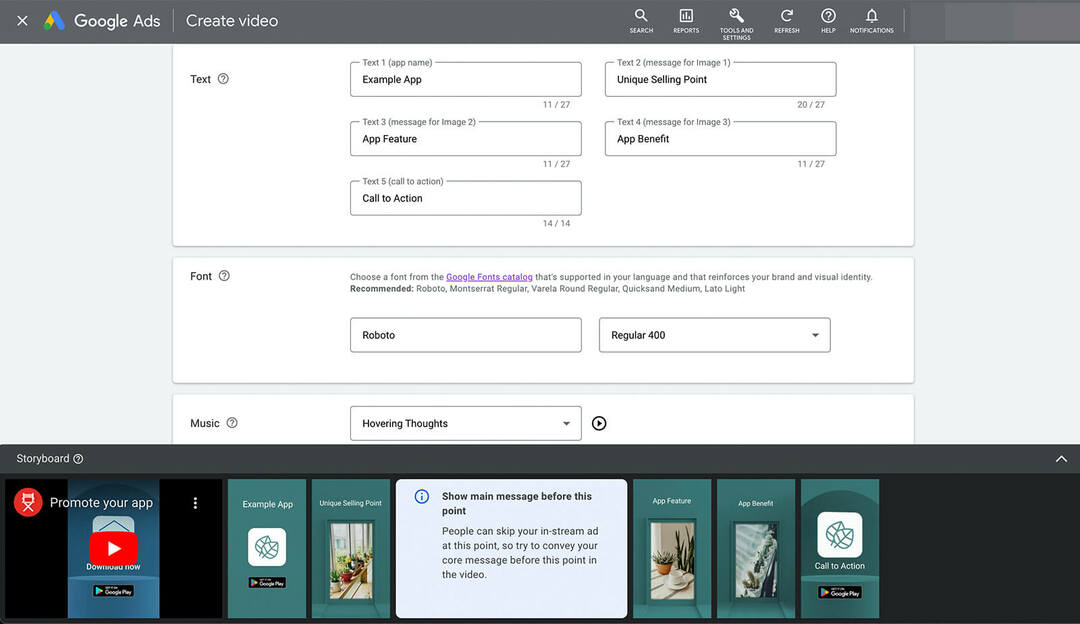 jak-promować-swoją-aplikację-za pomocą-youtube-pionowy-reklam-wideo-za pomocą-google-ads-zasobów-biblioteki-szablonów-storyboard-automatycznych-wskazówek-pokaż-główną-wiadomość-przed-tym-punktem- przykład ścieżki dźwiękowej czcionki-8
