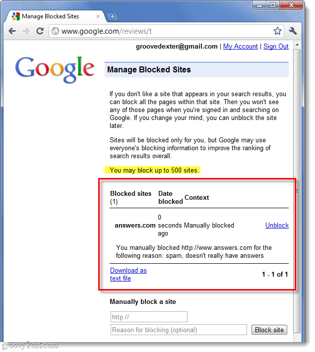 lista zablokowanych stron google