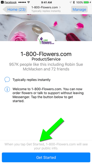 Wysłanie wiadomości na adres 1-800-Flowers.com za pośrednictwem ich strony na Facebooku ułatwia użytkownikom zostanie klientami.