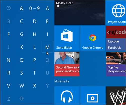 Wyszukaj w aplikacji pierwszą literę Windows 10